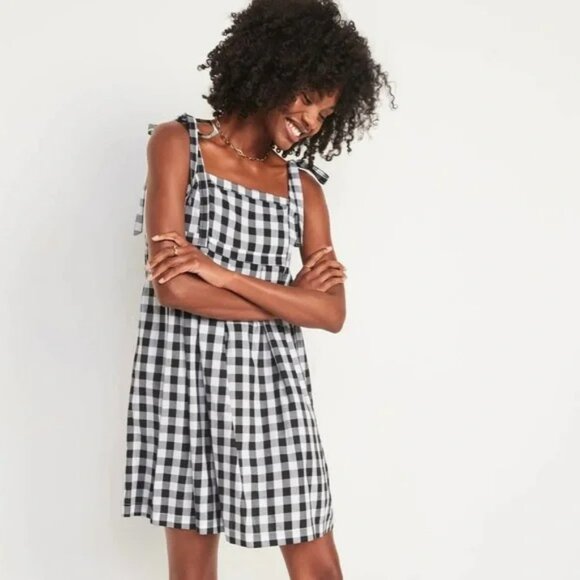 Tie-Shoulder Gingham Mini Babydoll Swing Dress - Picture 1 of 5